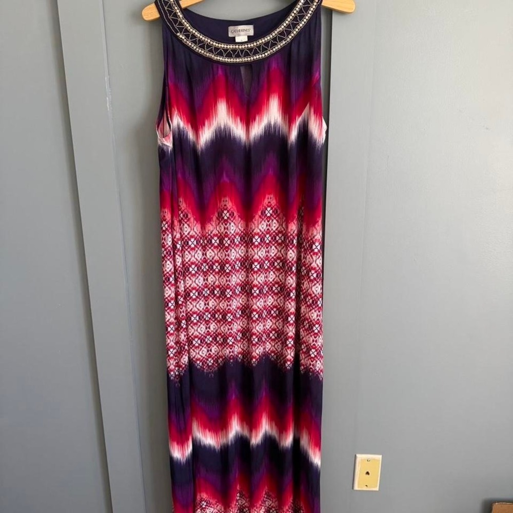 Catherines maxi dress vibrant pattern. Missing some beads around neckline